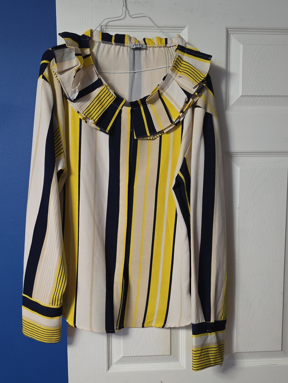 Striped Ruffle-Neck Blouse in Yellow, Navy & White
